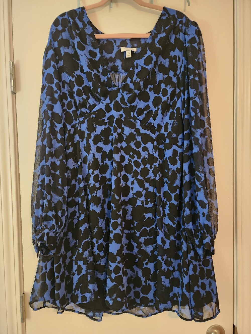 Topshop Blue and Black Animal Print Sheer Long Sleeve Dress 24 V-neck Coquette